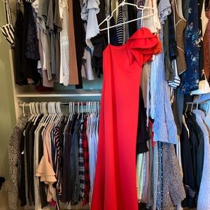 avery g one shoulder ruffle gown